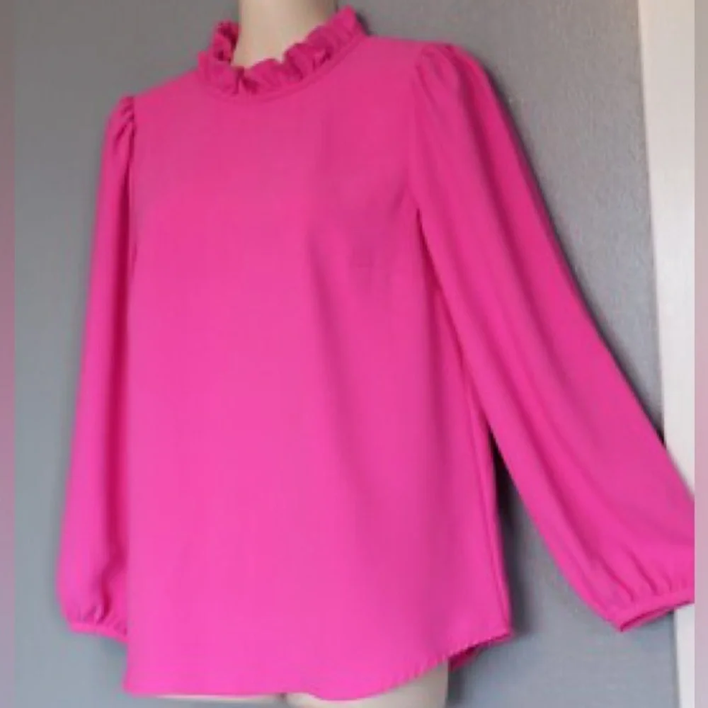 J. Crew XXS‎ Hot Pink Blouse with Puff Sleeves and Mandarin Collar